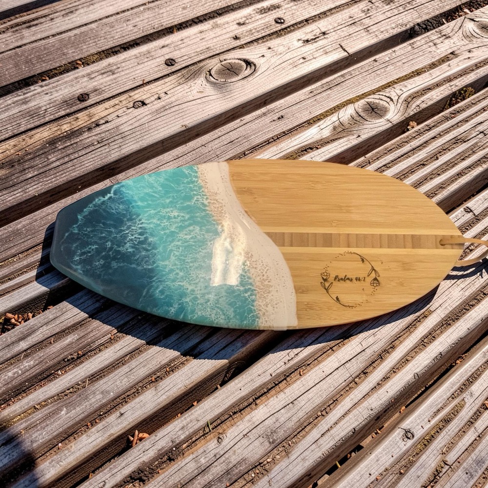 Totally Bamboo Surfboard Resin Ocean Wave Serving Board Psalms 46:1‎ Charcuterie